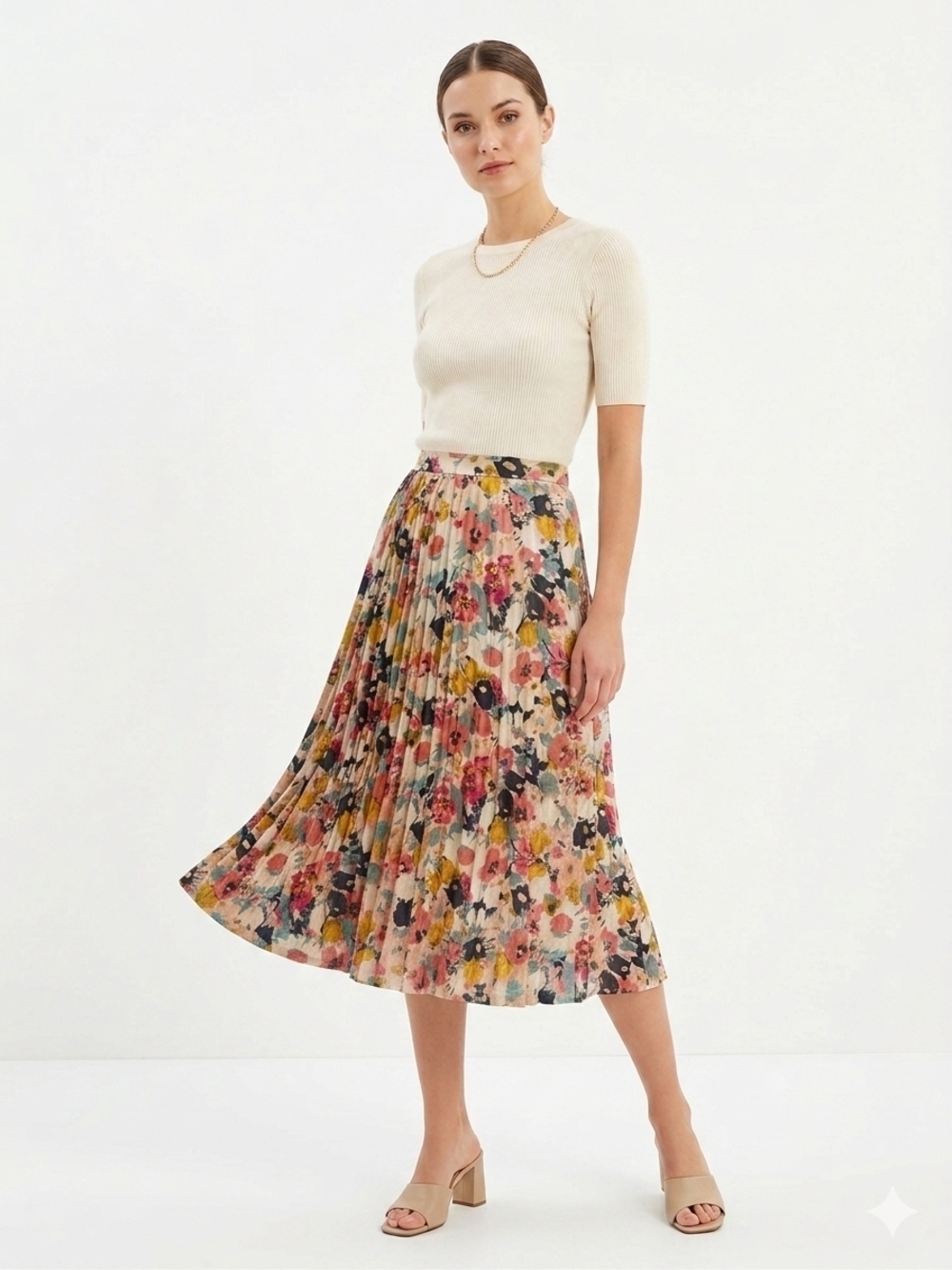 Maeve by Anthropologie Floral Pleated Midi Skirt in Cream Multi